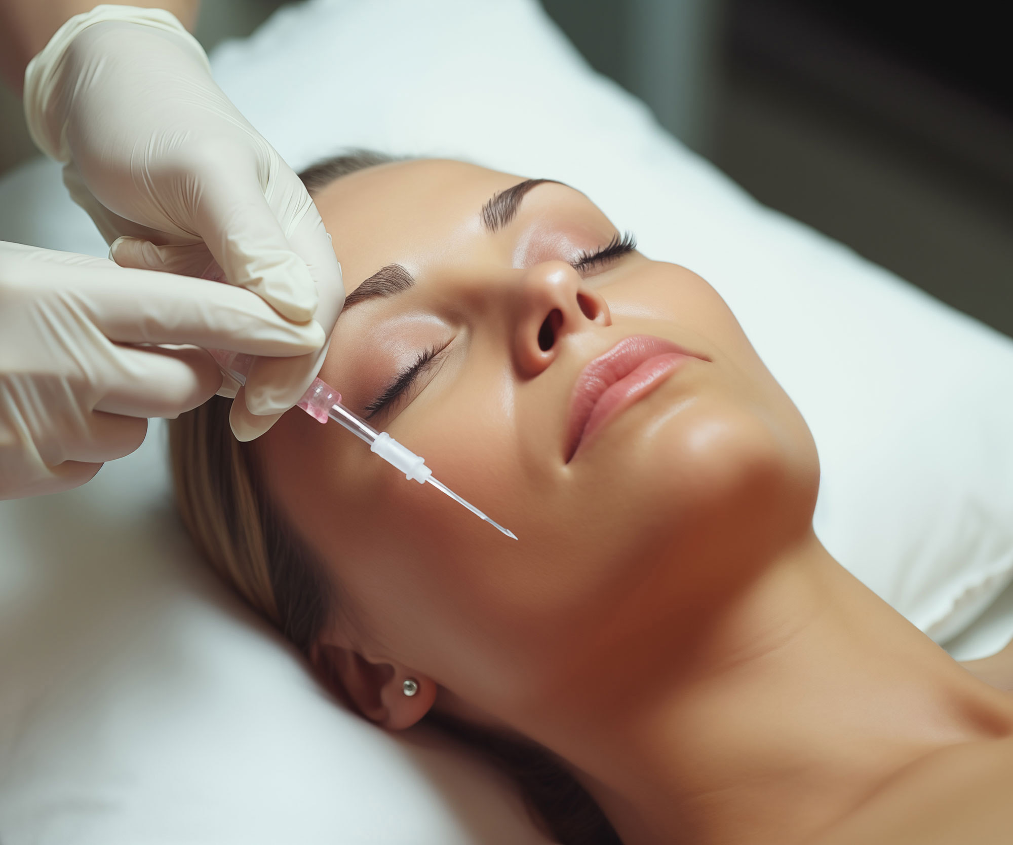 A woman in an aesthetic beauty center, lying on the table ready
